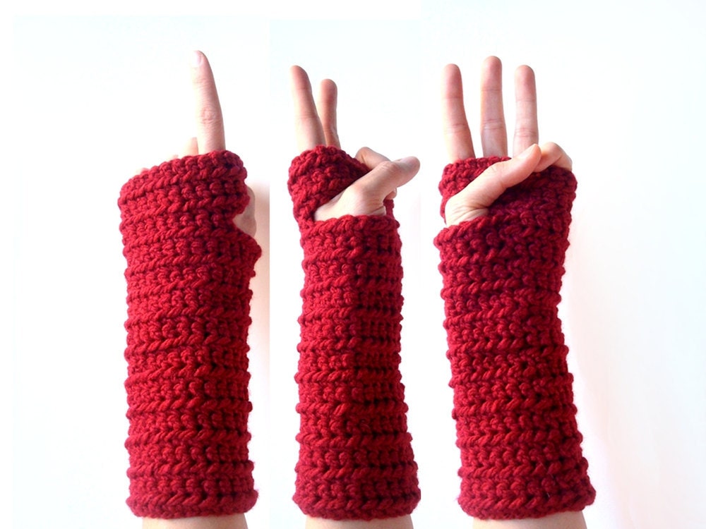 50% OFF SALE - red fingerless gloves - long crochet chunky - gadget bicycling - Ready Handmade by dslookkin on Etsy