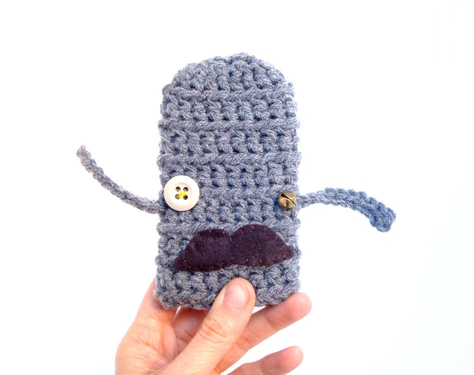 Steampunk mustachioed iPhone case - crocheted dark grey - gadget electronic - Ready Handmade by dslookkin on Etsy