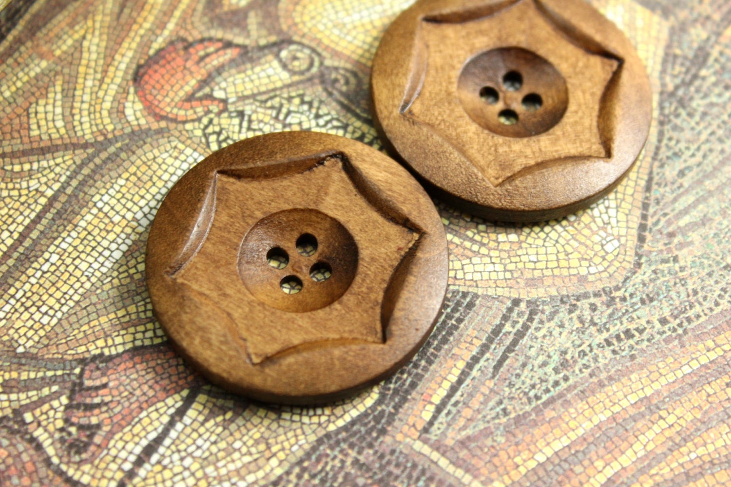 Fine Wooden Buttons - Antiqued Intaglio Curved Star Hexagon Brown Wooden Buttons, 1.5 inch (6 in a set)