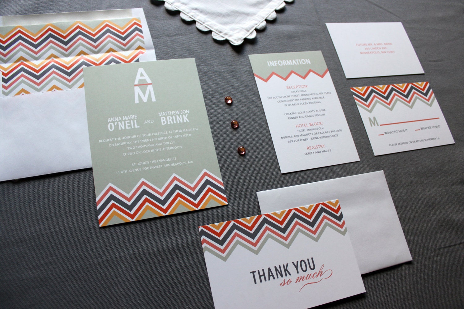 Seasoned Chevron Stripes Wedding Invitation shown in coral, orange, gray and pink, FREE shipping - customize to match your wedding