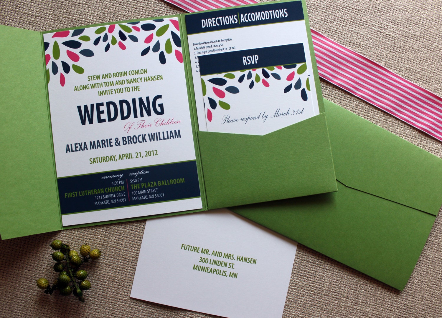Bloom and Your Groom Wedding invitations collection shown in navy blue, slate blue, pink and grass green - deposit,  FREE shipping