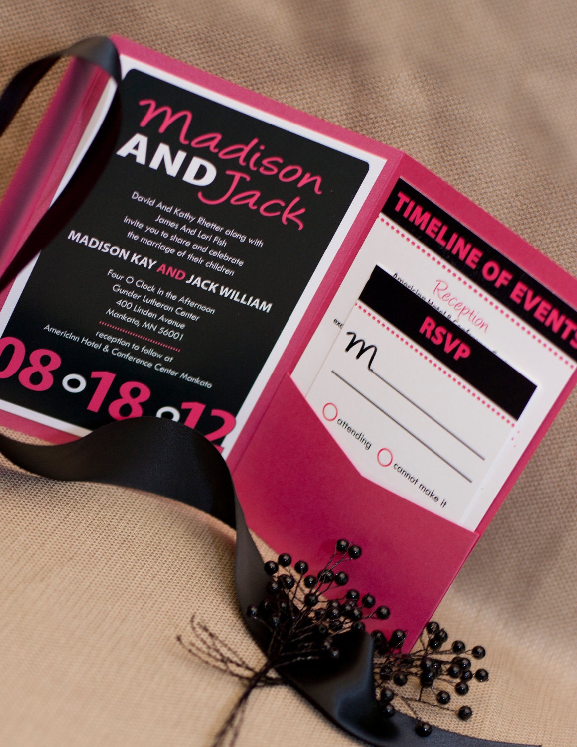 Party Rock Wedding Invitation Collection shown in black and pink - as always FREE shipping