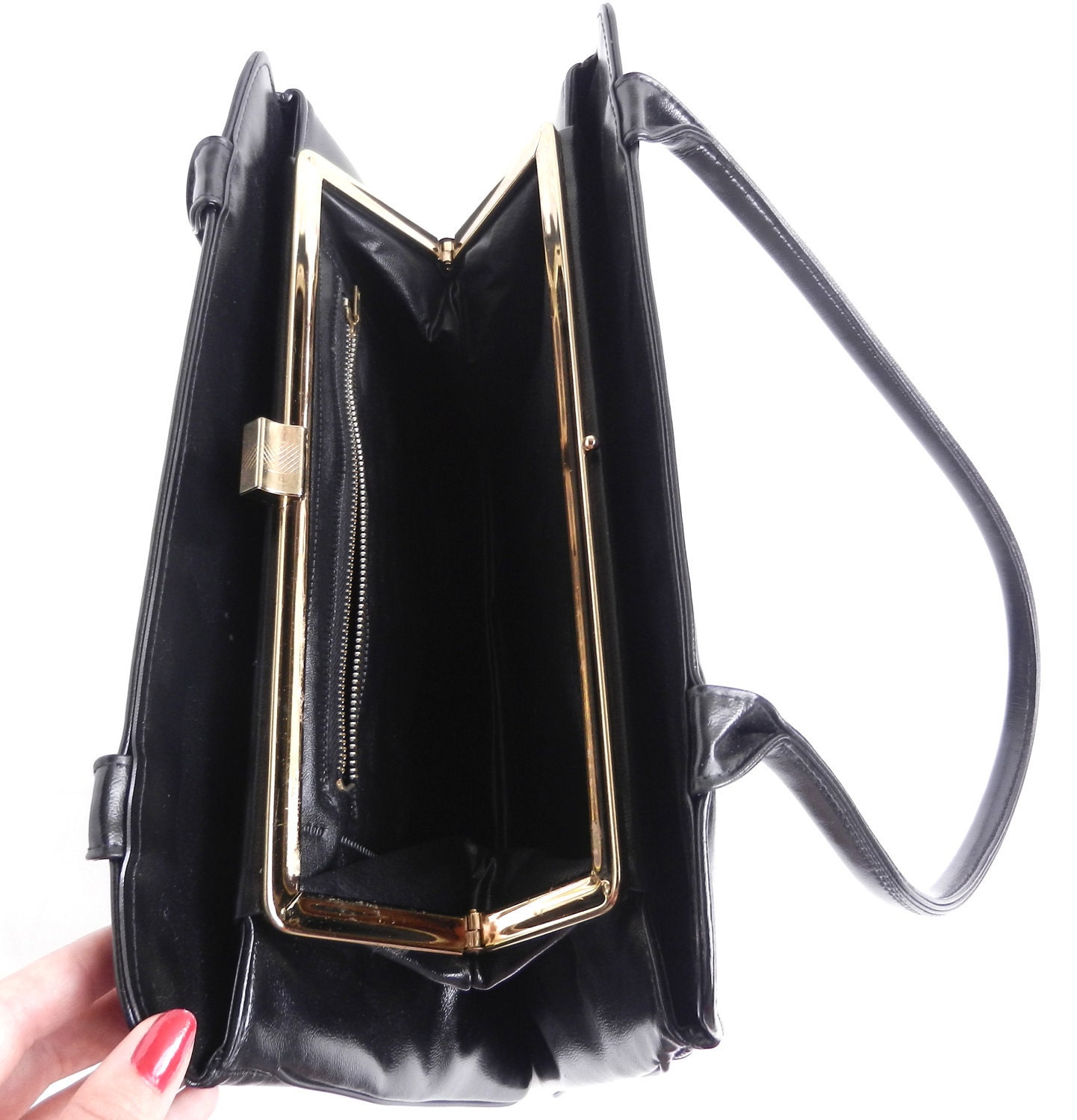 Black Bag - Vintage 1960s Thin & Sleek Structured Purse / Classy Tote