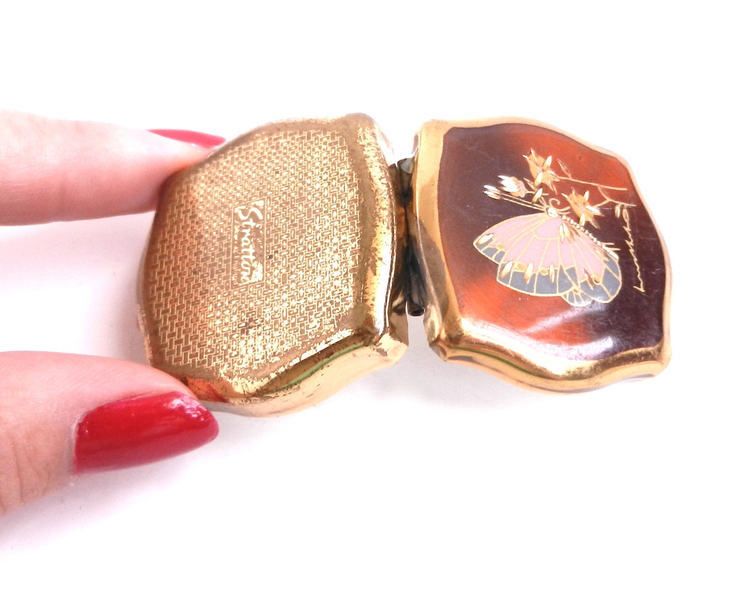 Vintage Pill Box - Butterfly Gold Tone Stratton England Container / Gilded Butterfly
