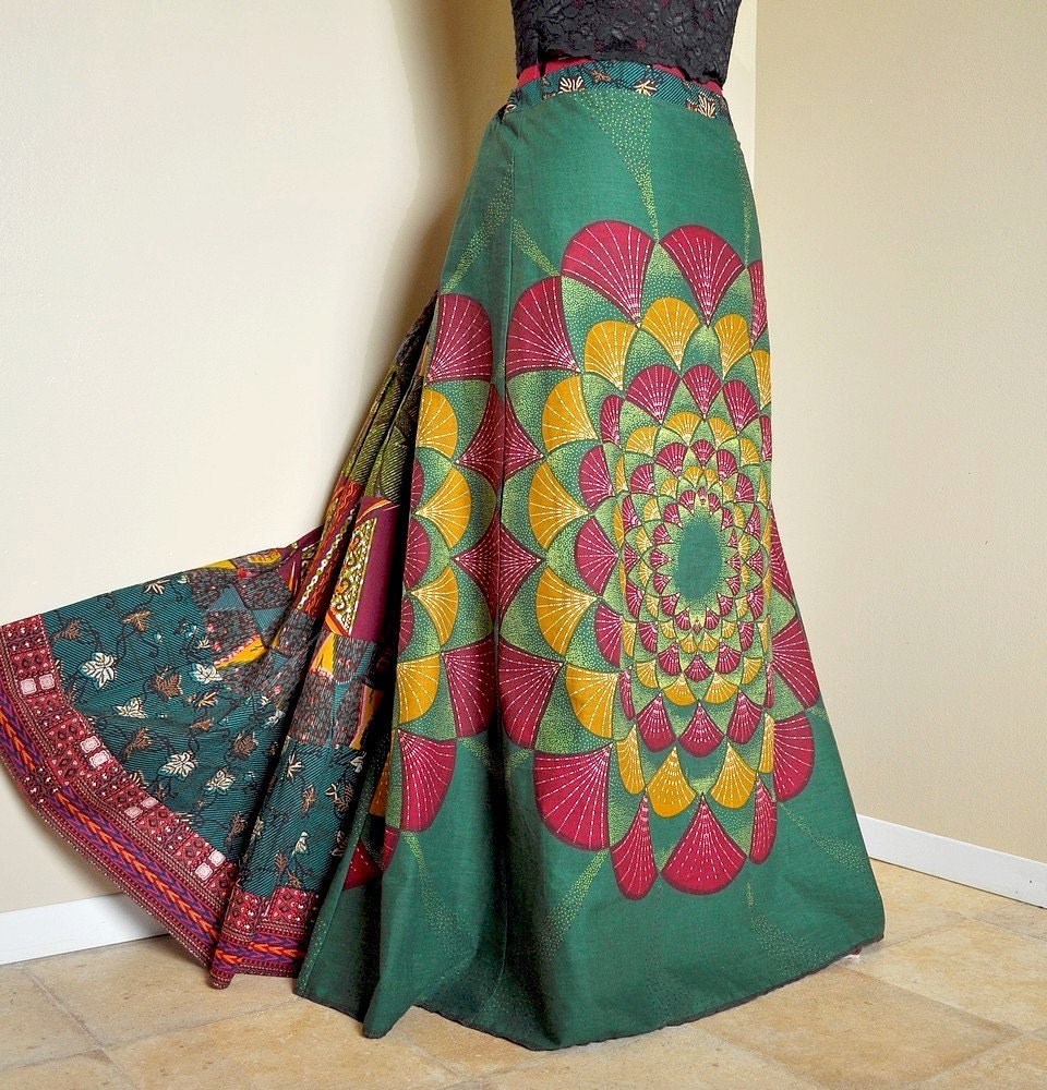 Green Grove Bloom - Long African Patchwork Skirt, Ethnic Dashiki Gypsy Skirt, Earthy Greens, Can fit sizes - S to XL