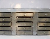 Vintage Industrial 15 Drawer Wood Cabinet / Painted Silver / Handmade Homemade / Primitive