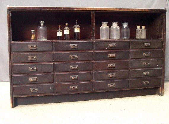 Temporary RESERVE for Sarah / Large Vintage Wood Cabinet with 20 Drawers and Shelf / Drygoods Counter / Drugstore Counter / Apothecary