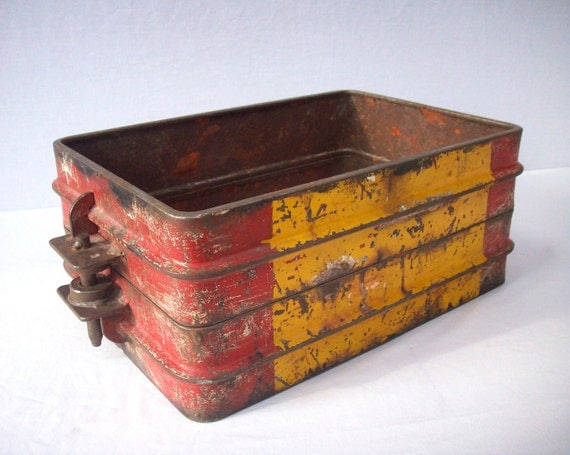 Vintage Industrial Metal Form / Steel / Red and Yellow