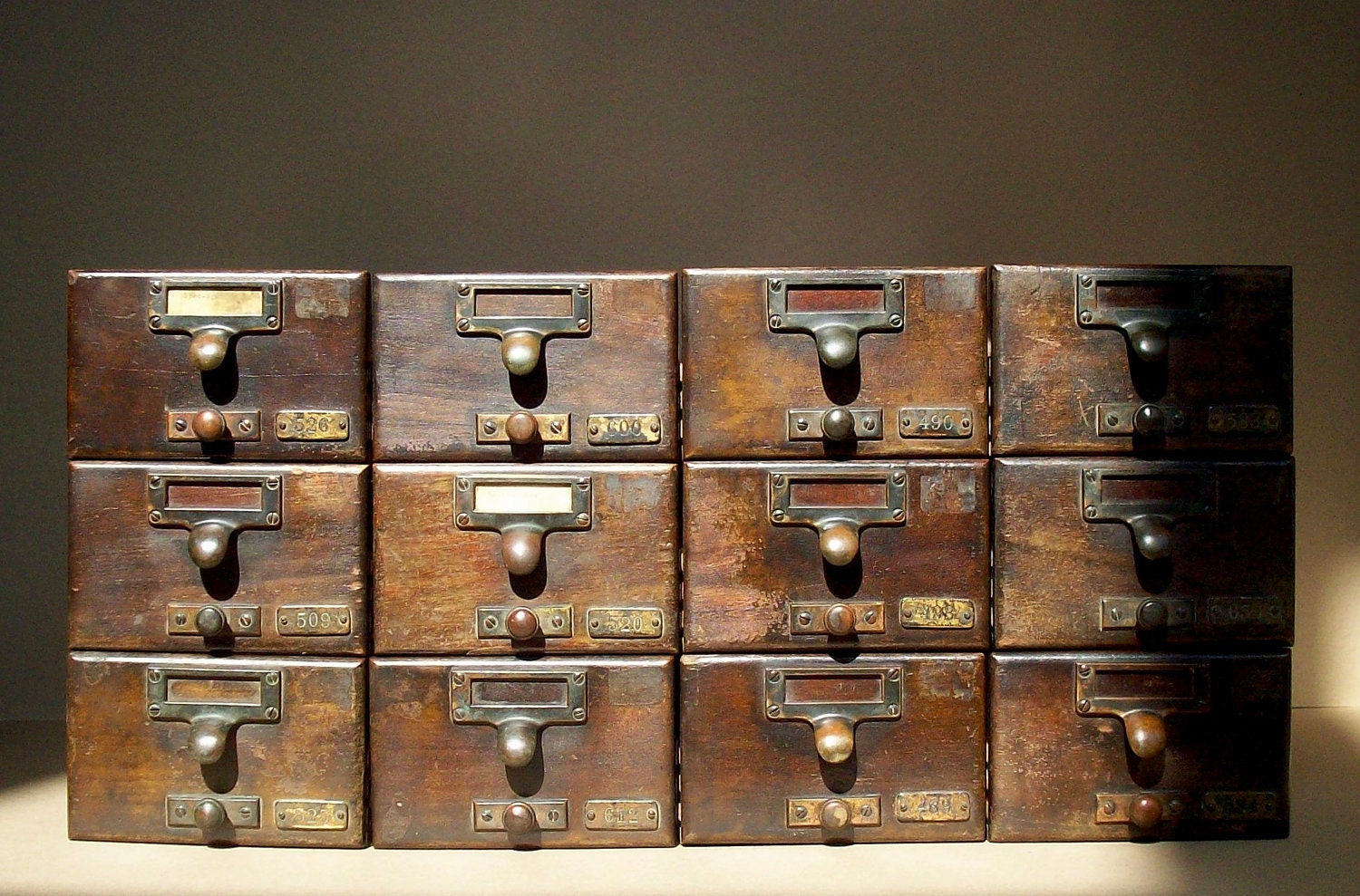 Vintage Library Card Catalogue Drawers with Label Hardware / Wood / Distressed