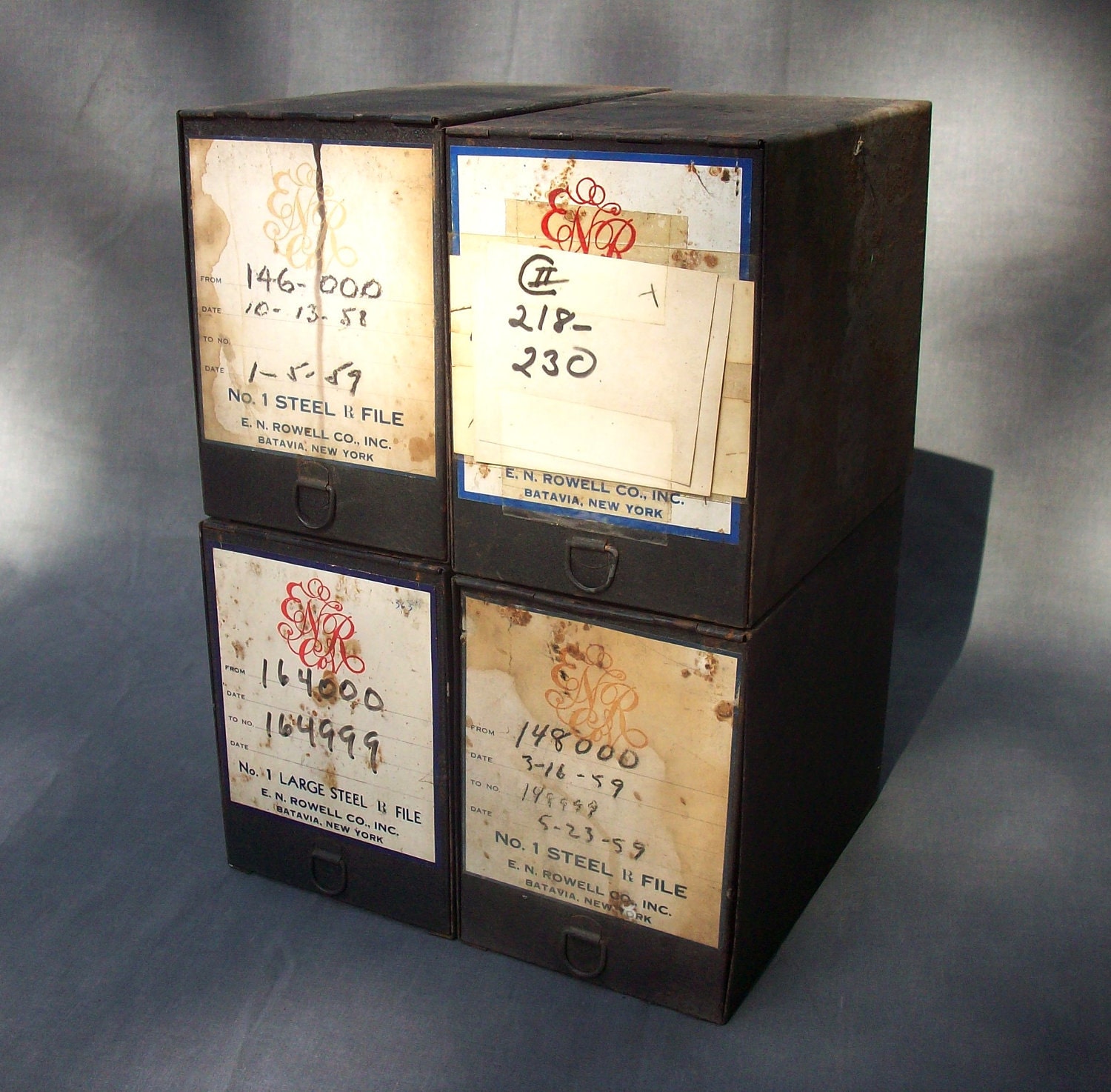 RESERVED for JYA 1124  Vintage Pharmacy Rx File Boxes / E.N. Rowell Co. Inc. Batavia New York /Set of 4