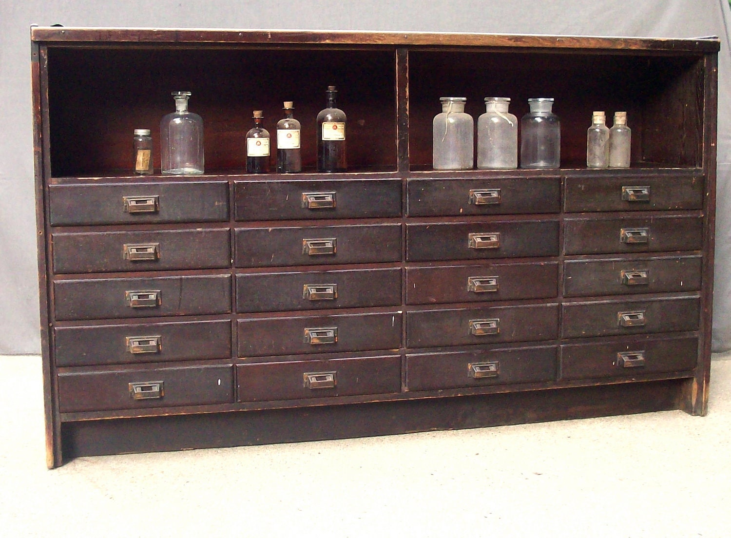 Temporary RESERVE for Sarah / Large Vintage Wood Cabinet with 20 Drawers and Shelf / Drygoods Counter / Drugstore Counter / Apothecary