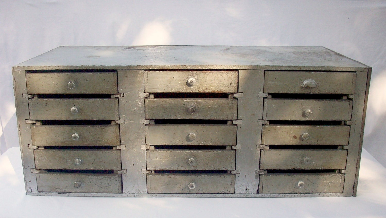 Vintage Industrial 15 Drawer Wood Cabinet / Painted Silver / Handmade Homemade / Primitive