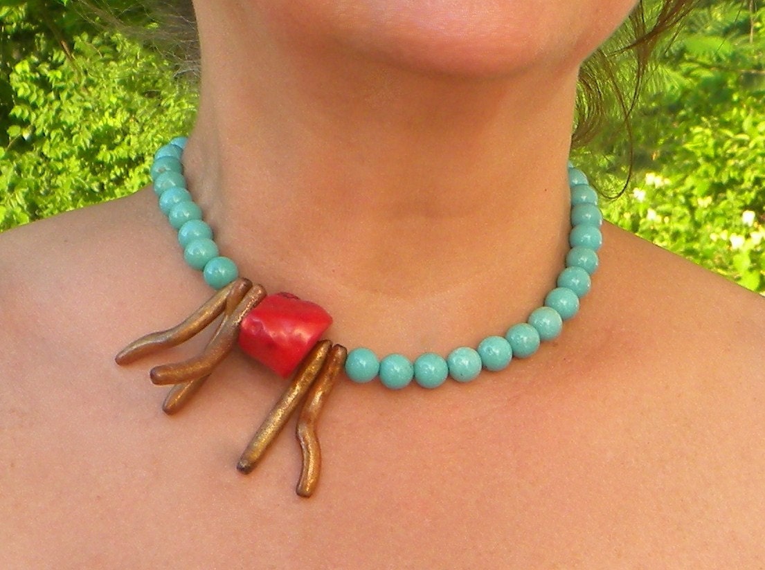 robin's egg blue magnesite necklace with red and gold coral