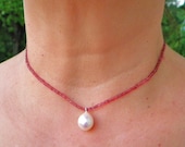 beautiful, delicate red spinel necklace with lustrous teardrop pearl dangle