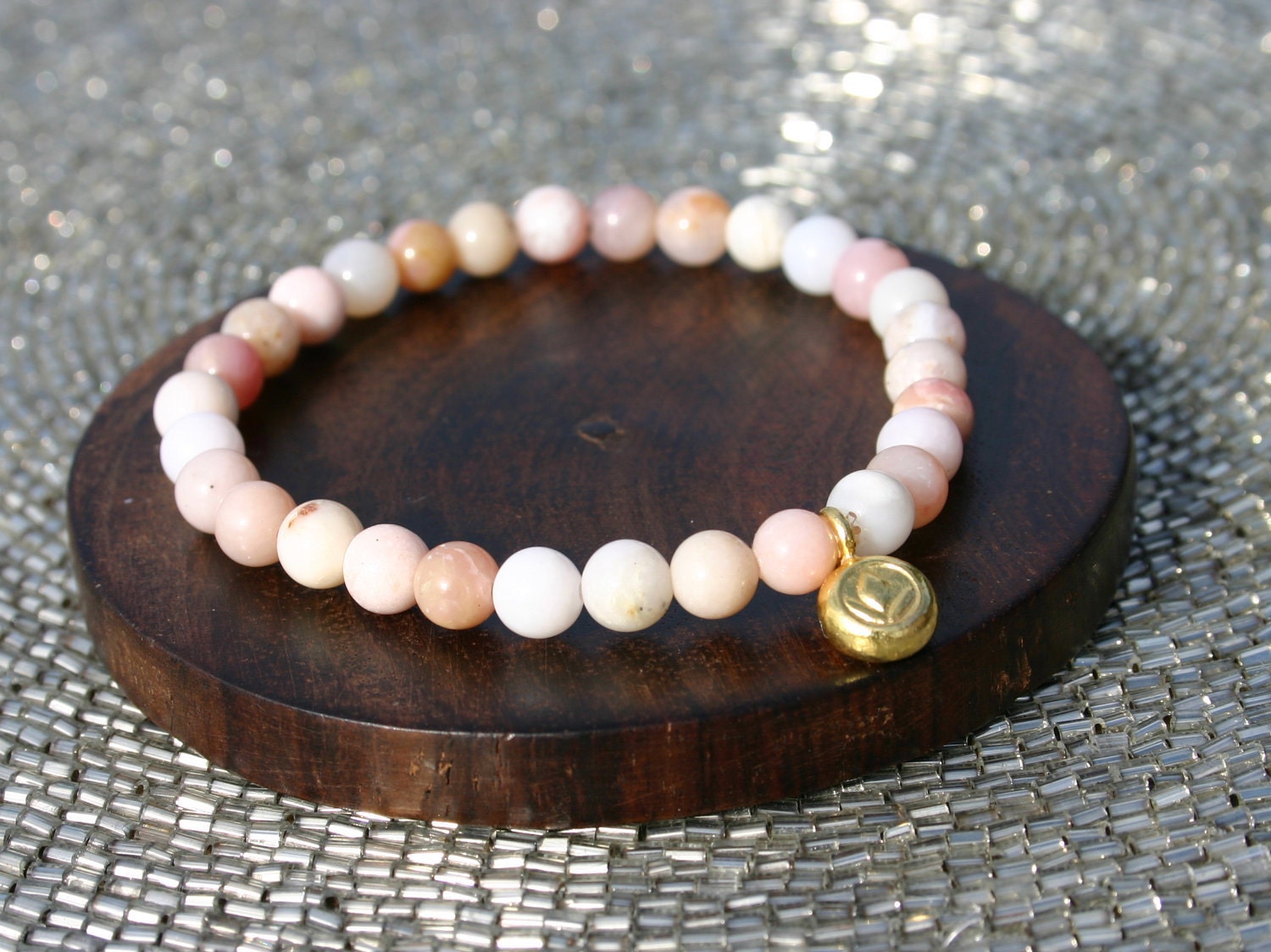 Pink Opal and Gold Lotus Yoga Bracelet