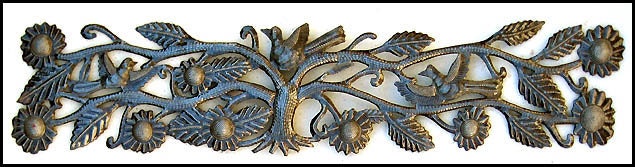 Metal Wall Hanging - Birds and Flowers Haitian Recycled Steel Oil Drum Art - 8" x 34"-JJ-610