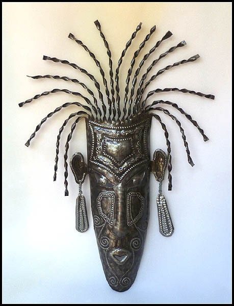 Haitian Ethnic Mask Wall Hanging - 22" African Tribal Design - Recycled Steel Drum Metal Art - 1807