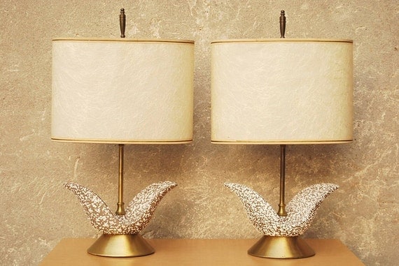 Taupe and White Speckled Tulip Shaped Dresser Lamps