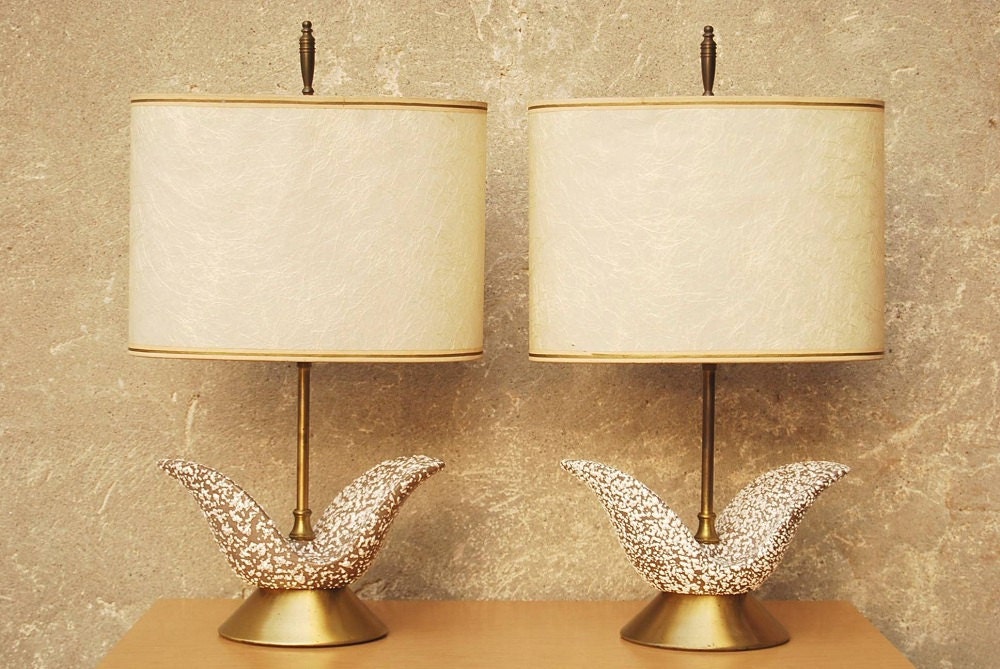 Taupe and White Speckled Tulip Shaped Dresser Lamps
