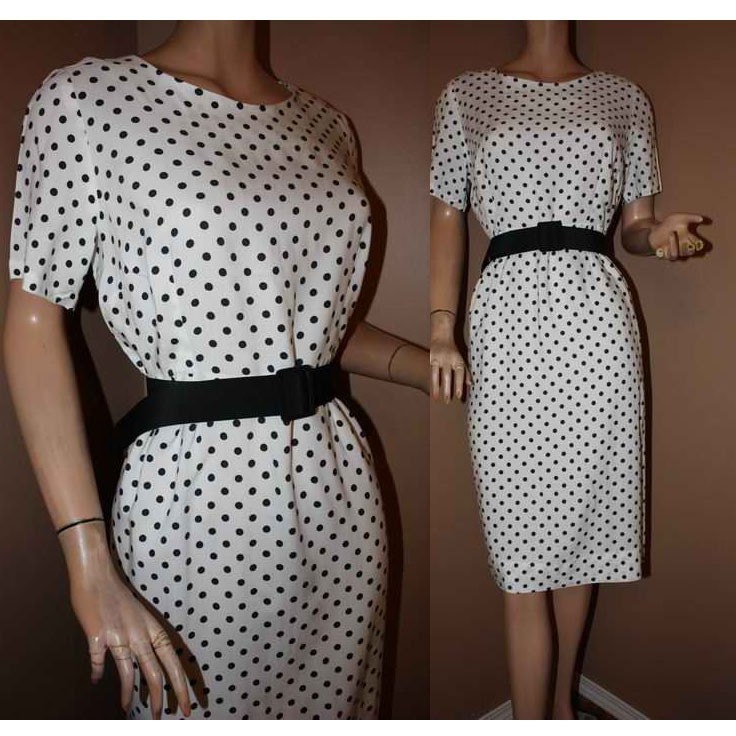 Black White Polka Dot Sheath Wiggle Dress L