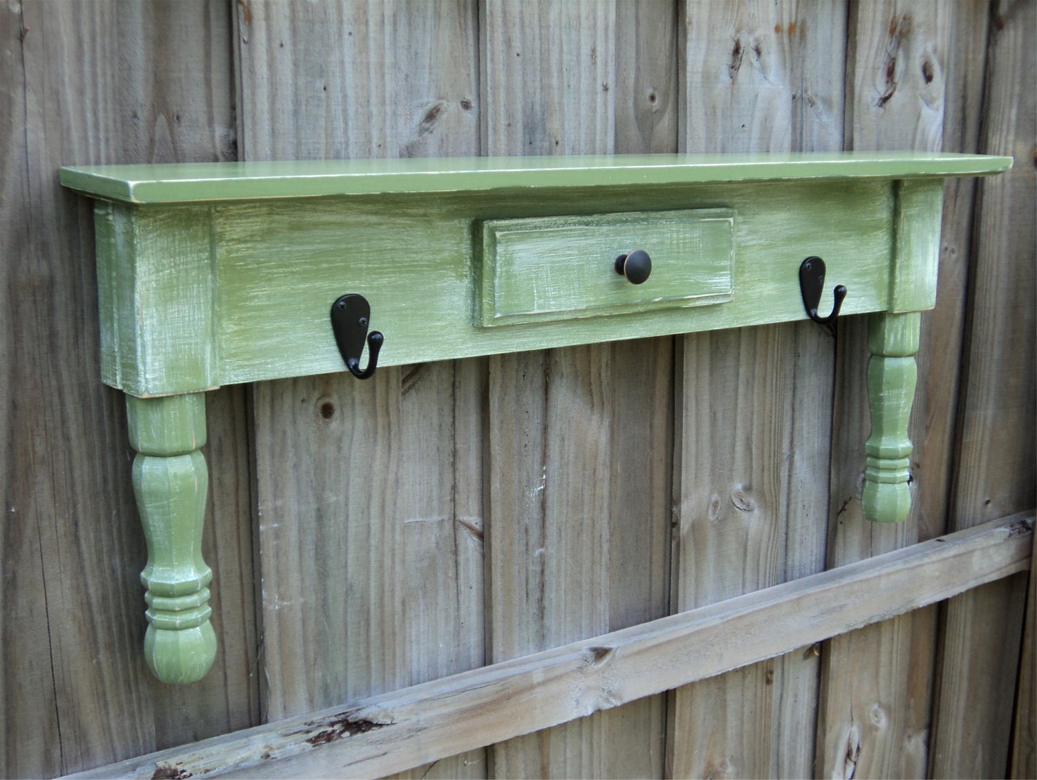 Towel Bar Or Coat Rack, Primitive Farmhouse Style Display Shelf, Olive Green And Cream MADE TO ORDER