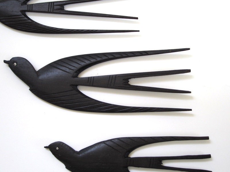 3 Vintage African Ebony Carved Swallow Wall Hangings