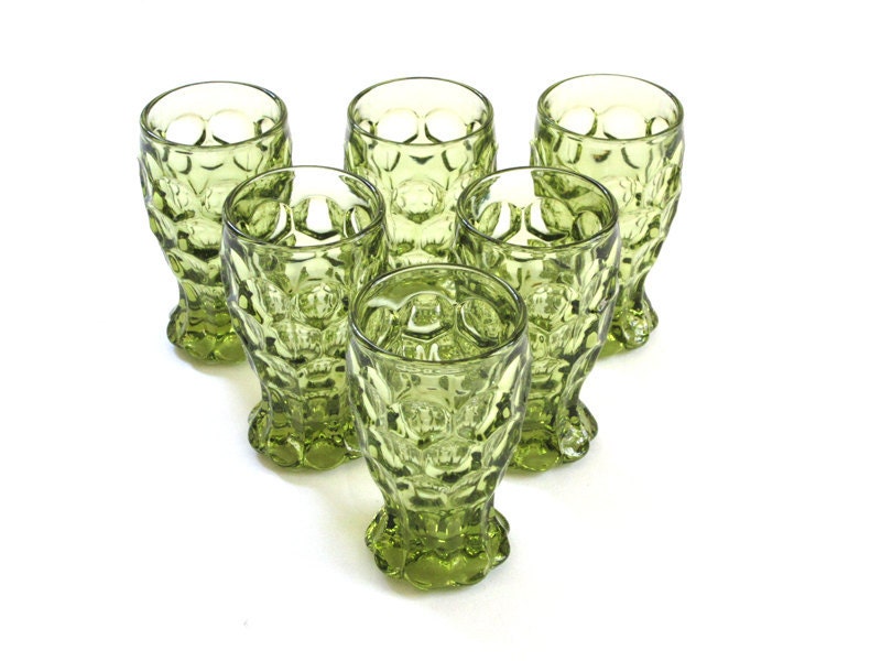 6 Vintage Imperial Provincial Verde Green Glass 5 oz. Footed Tumblers