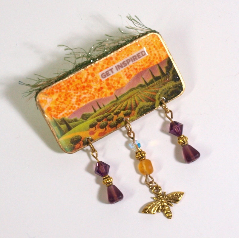 Summer Brooch Mixed Media Collage Lapel Pin Landscape Nature Bee Summer Jewelry