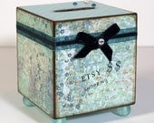 Coin Bank Decoupaged Wood Bank Savings Bank Square Aqua Etsy Shopping Spree Piggy Bank