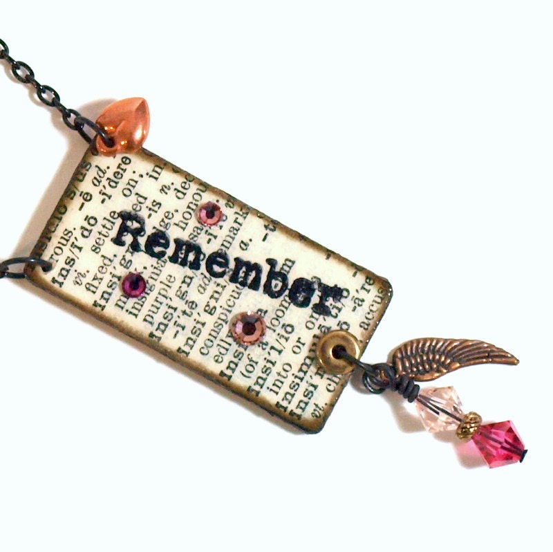 Dictionary Jewelry Decoupaged Pendant Necklace Wearable Art Word Jewelry Mixed Media Pink Swarovski Crystals Wings Heart