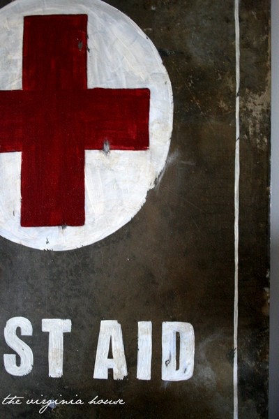 FIRST AID Metal Sign Hand Painted Primitive Distressed