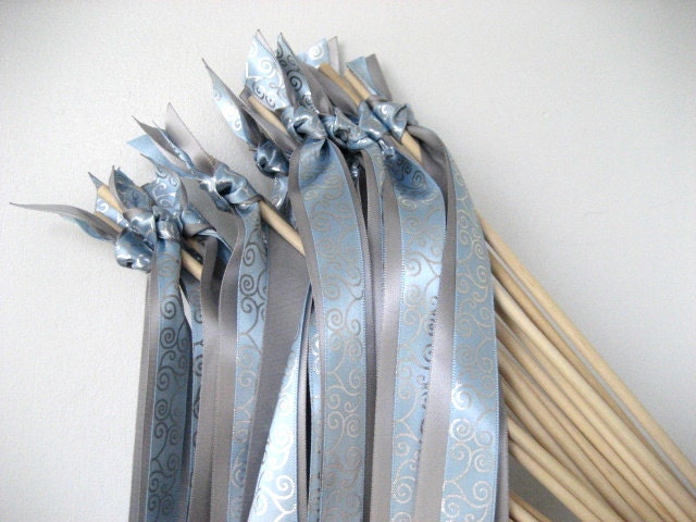 50 Wedding Wands: One Solid Ribbon and One Metallic Roccoco  Print Ribbon