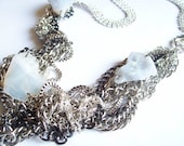 Silver Multi Chain Necklace with Rhinestone and Blue Lace Agate Chunks