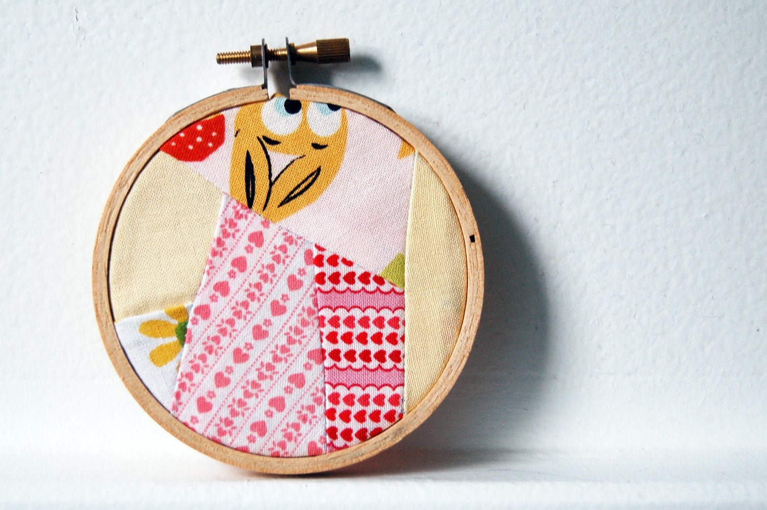 RESERVED-Crazy Patchwork Collages in 3 inch Hoops, Mixed Contemporary Prints, Pink, Yellow, Purple, Green. Set of 3. Wall Art.