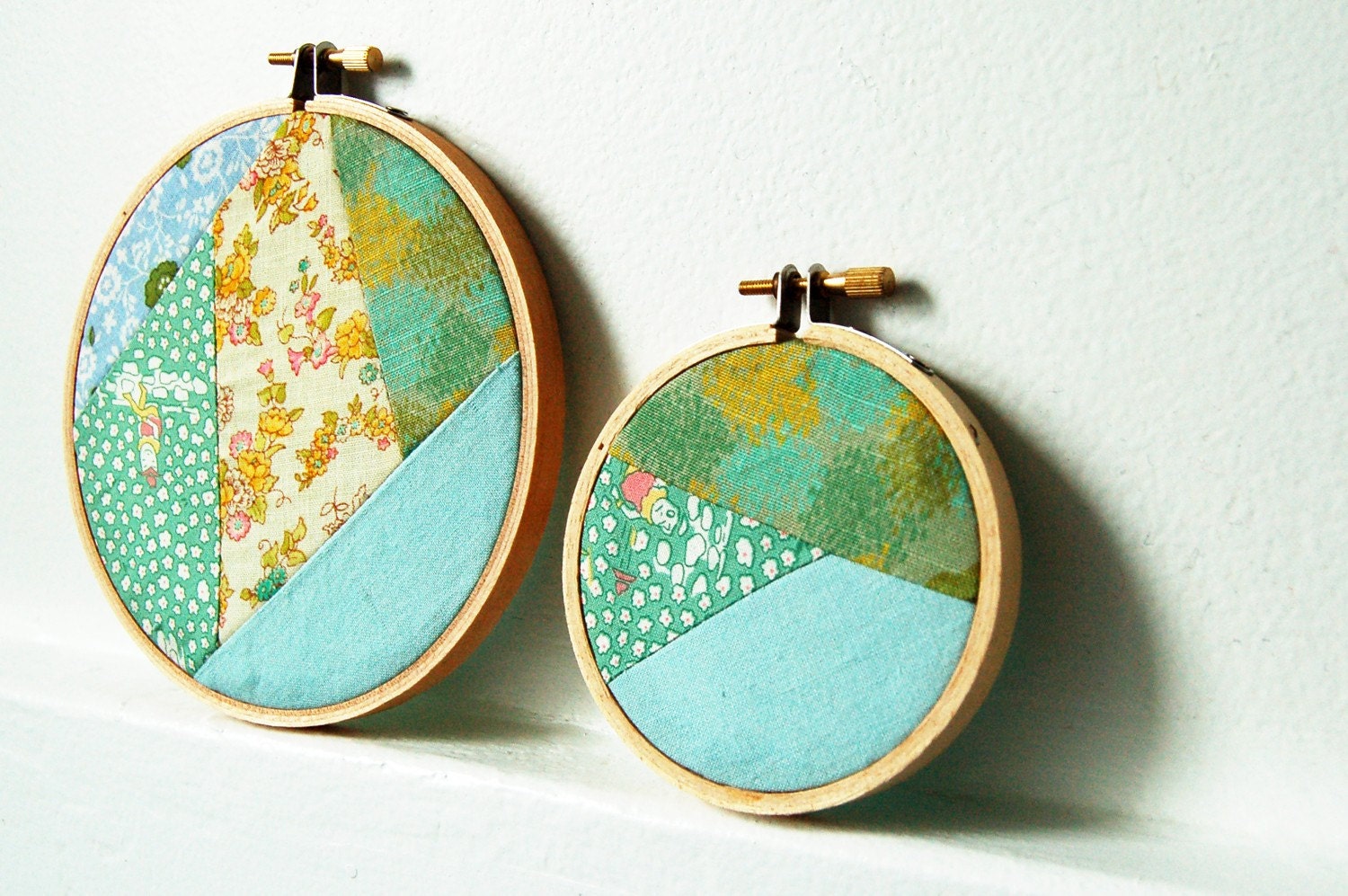Reserved- Big Hoop Only. For Your Beach Bungalow. Blue & Mint Green Patchwork Hoops. With Vintage Fabrics. By merriweathercouncil on Etsy