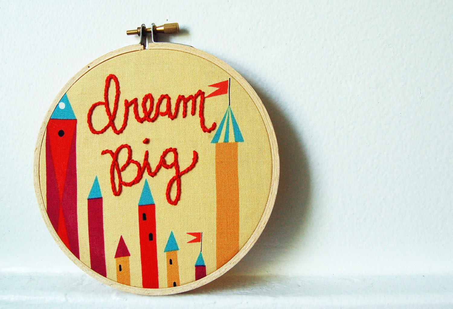 Dream Big. Whimsical Fairy Tale Castles, Hand Embroidery in 5 inch Hoop. Yellow, Red. By merriweathercouncil on Etsy