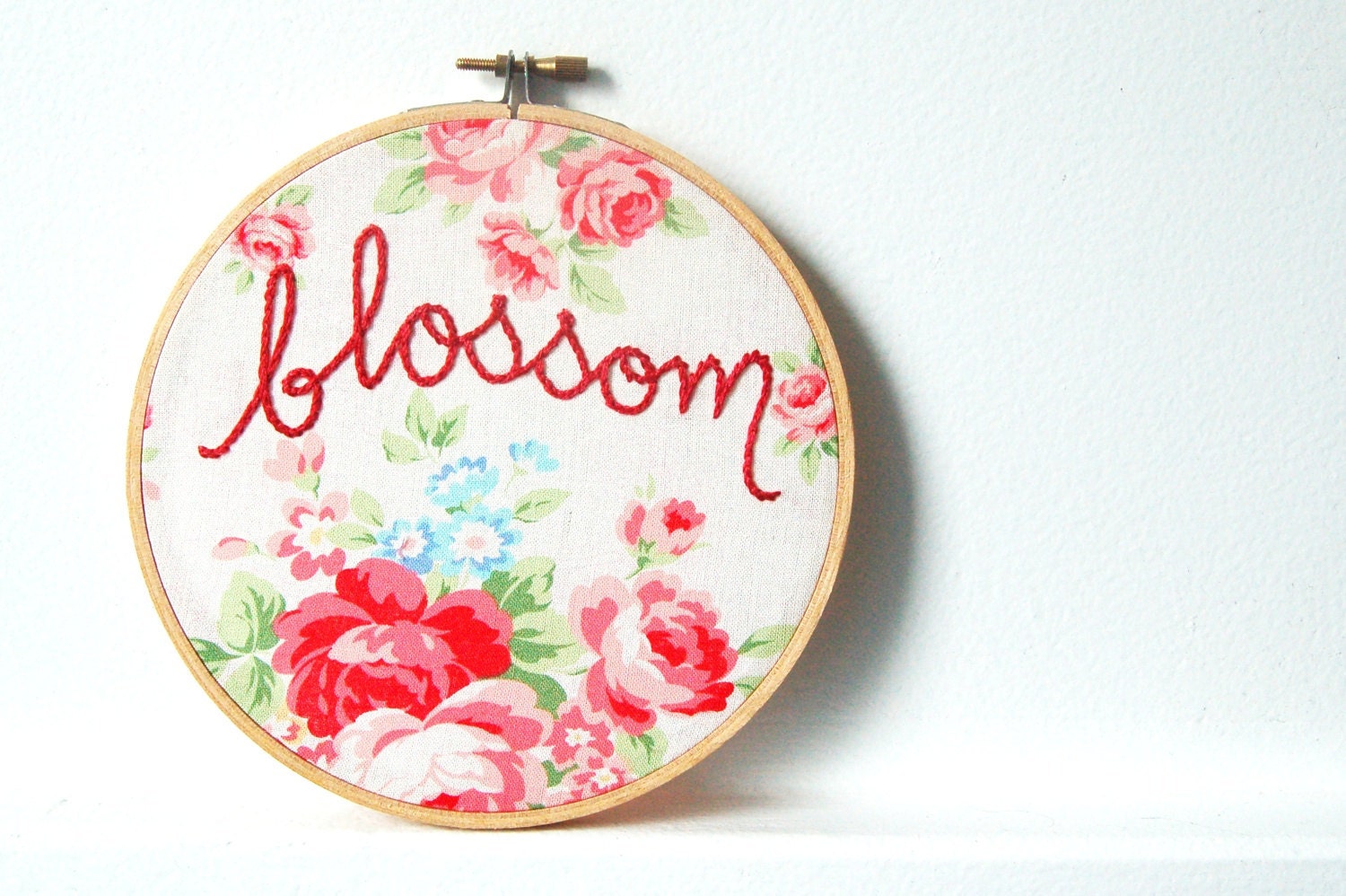 Embroidery Hoop Art. Blossom. Hand Embroidered. 6 inch Hoop. Vintage Inspired Floral Fabric. Handmade by merriweathercouncil on Etsy