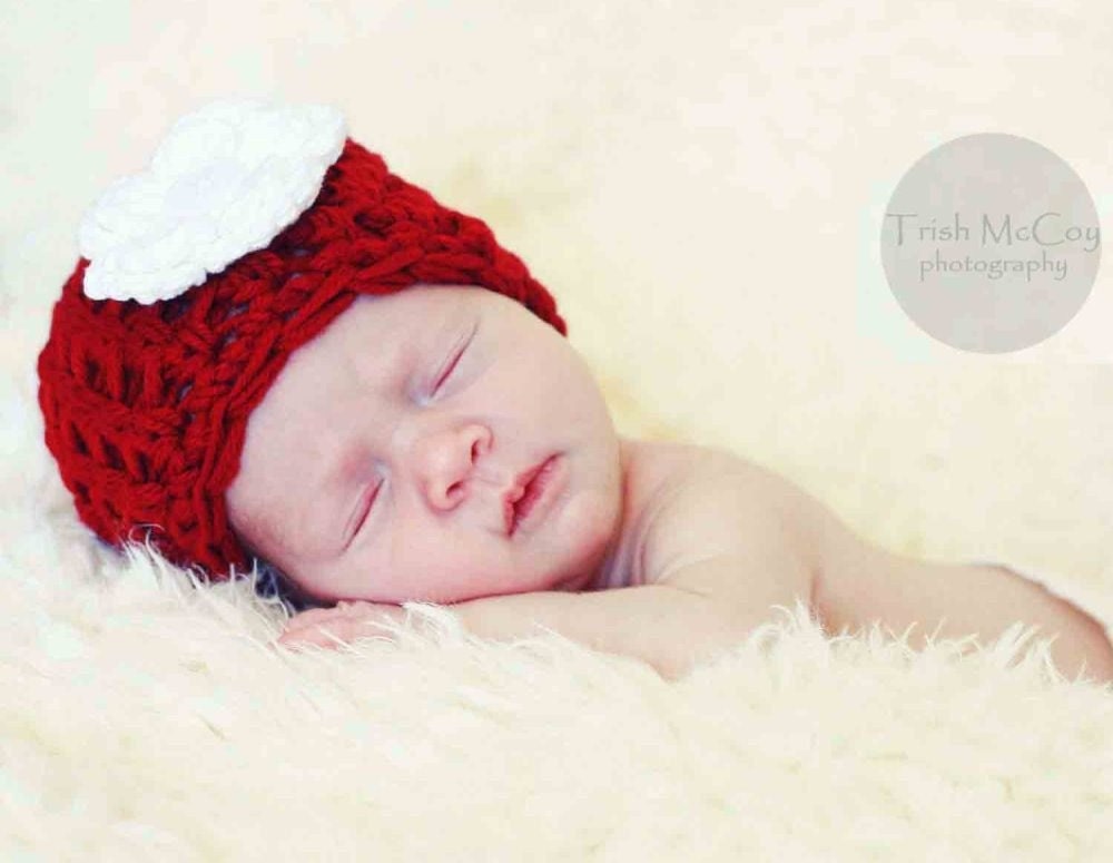 Baby Girl Hat - NEWBORN Girl Beanie Hat - Red with White Flower