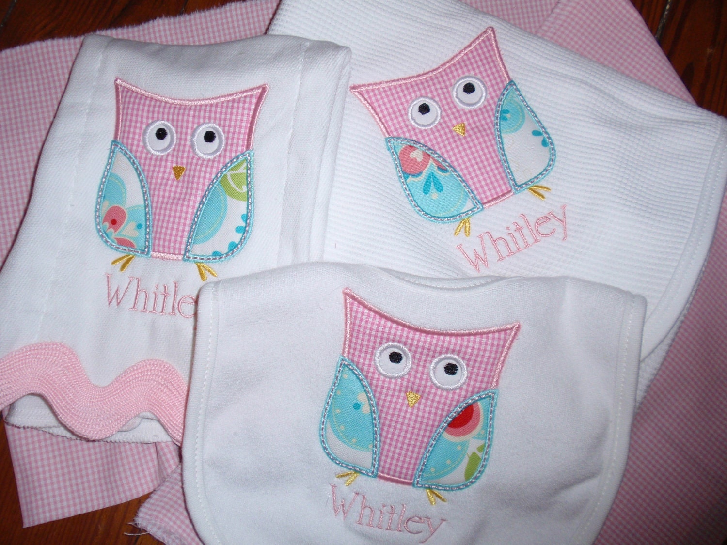 Owl Appliqued Bib, Burp Cloth, and Blanket Set