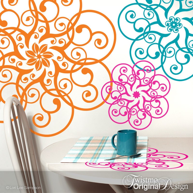 Vinyl Wall Decals: Mandala Lace Doily Art Designs in Pink, Orange, and Blue