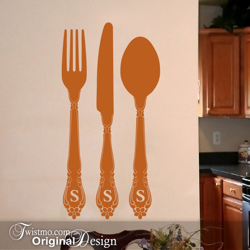 Spoon Fork Wall Decor - Kitchen Wall Decals, Custom Monogram Flatware, Fork Spoon Knife Silverware Dining Room Art, Vinyl Wall Decals
