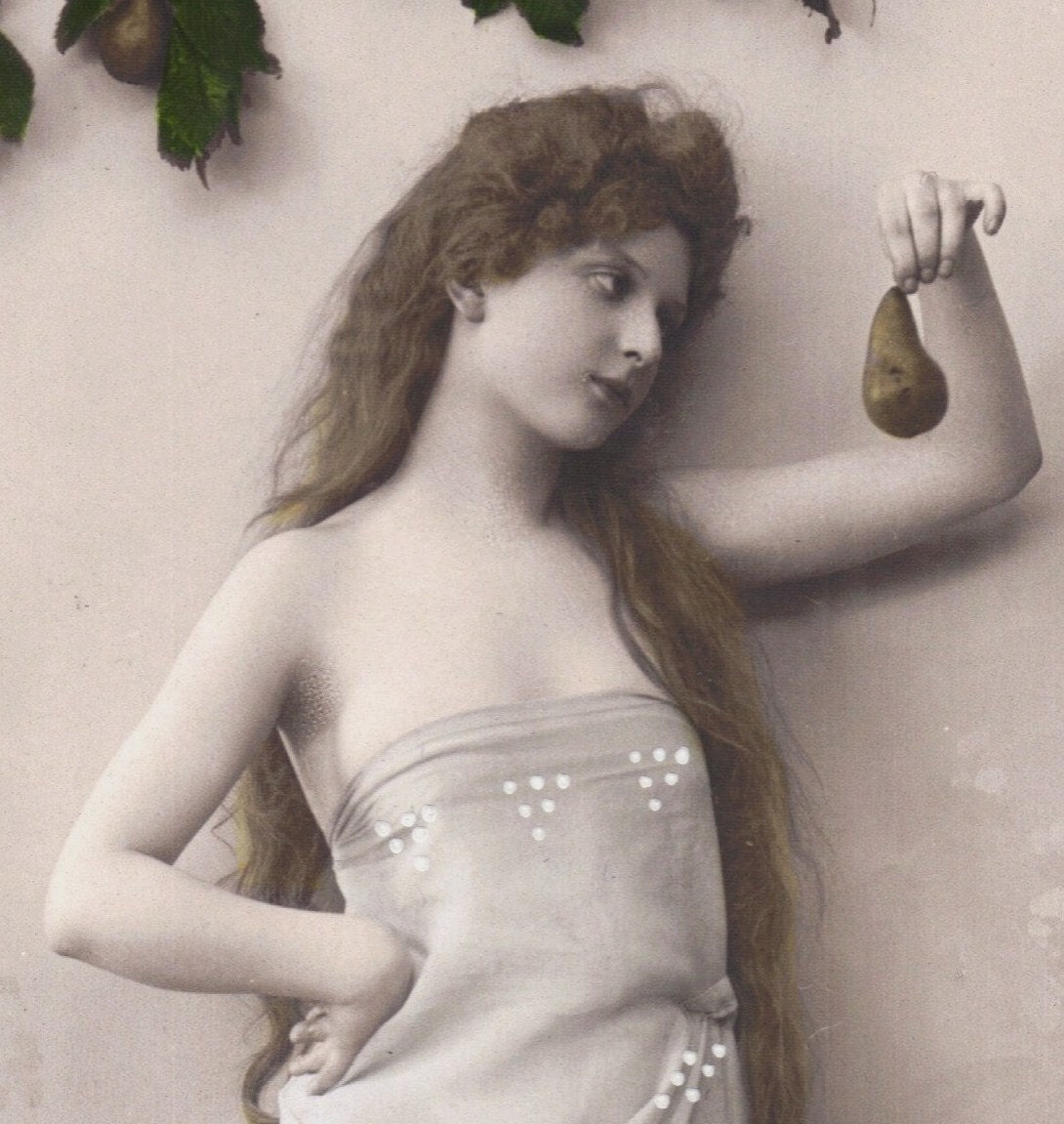 Hand Tinted European Eve figure with Pear Tree RPPC