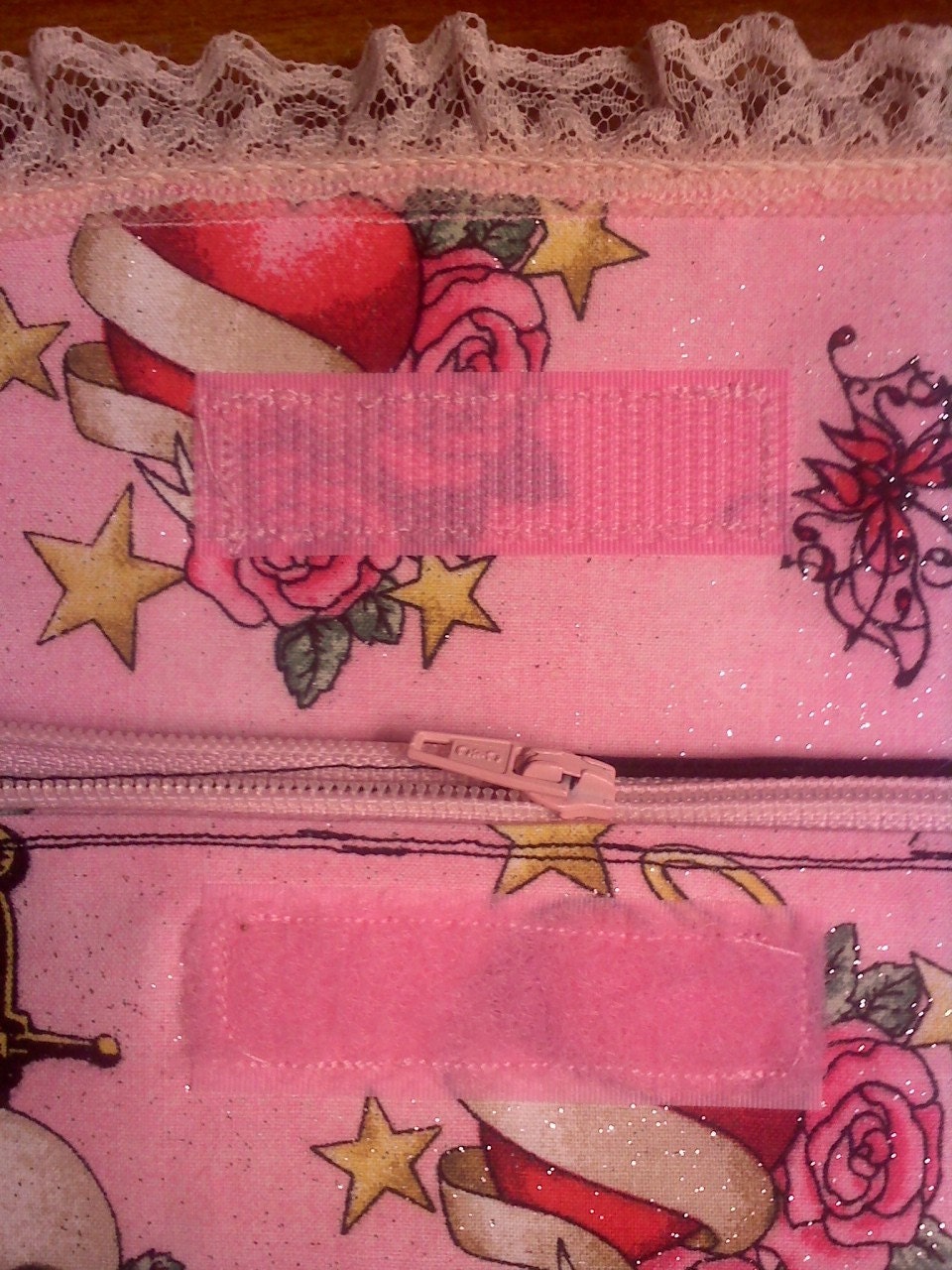 Velcro Wallet - Zipper wallet - Tattoos flash - Pink with lace