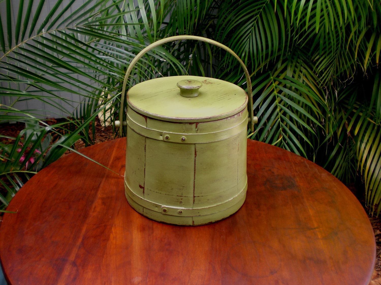 Vintage Primitive Wooden Firkin Sugar Pantry Bucket Pail Lid Wood Green