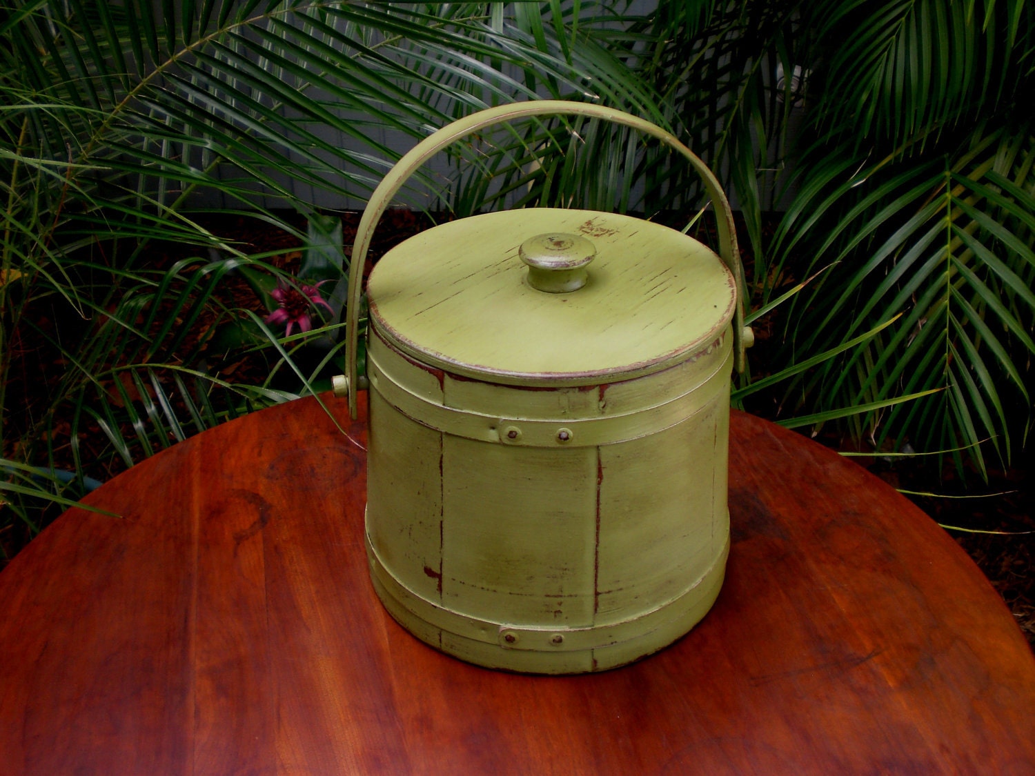 Vintage Primitive Wooden Firkin Sugar Pantry Bucket Pail Lid Wood Green