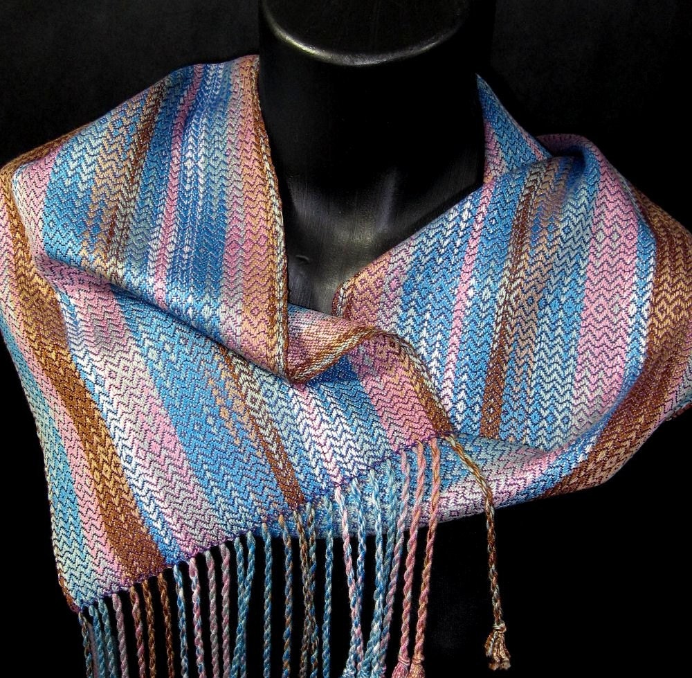 Pink Brown Blue Scarf, Hand Woven, Loom Weaving by LoomOnTheLake