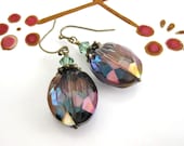 Czech Glass Green - Purple Faceted Crystal Brass Earrings