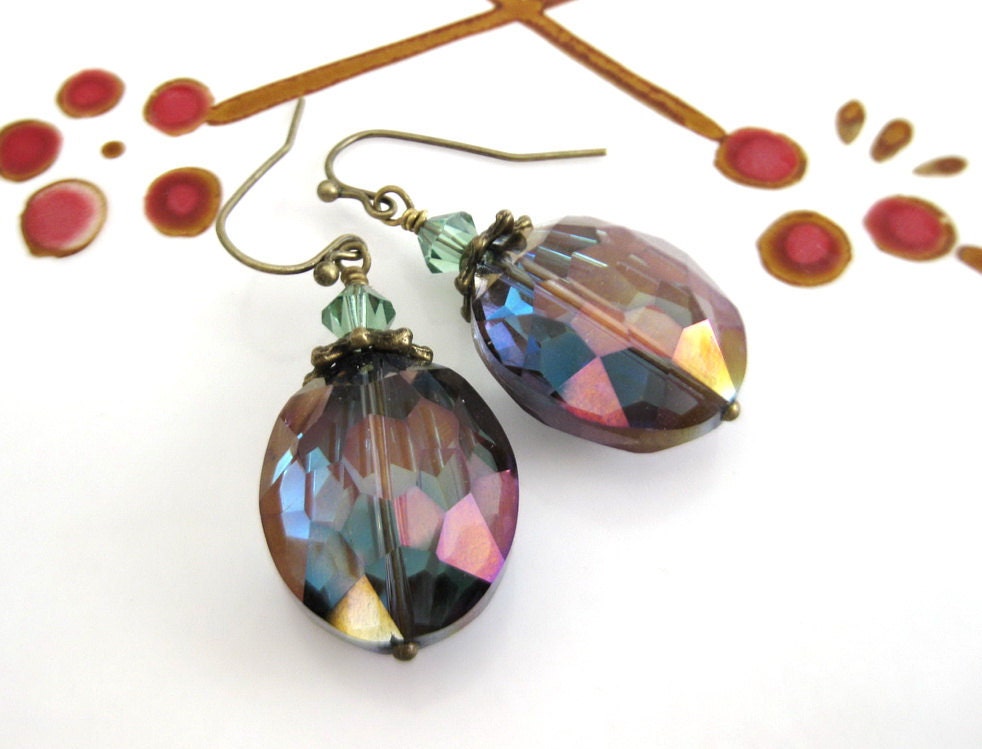 Czech Glass Green - Purple Faceted Crystal Brass Earrings