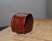 Western Flowers Handmade Tooled Leather Carved Cuff - Cherry Brown