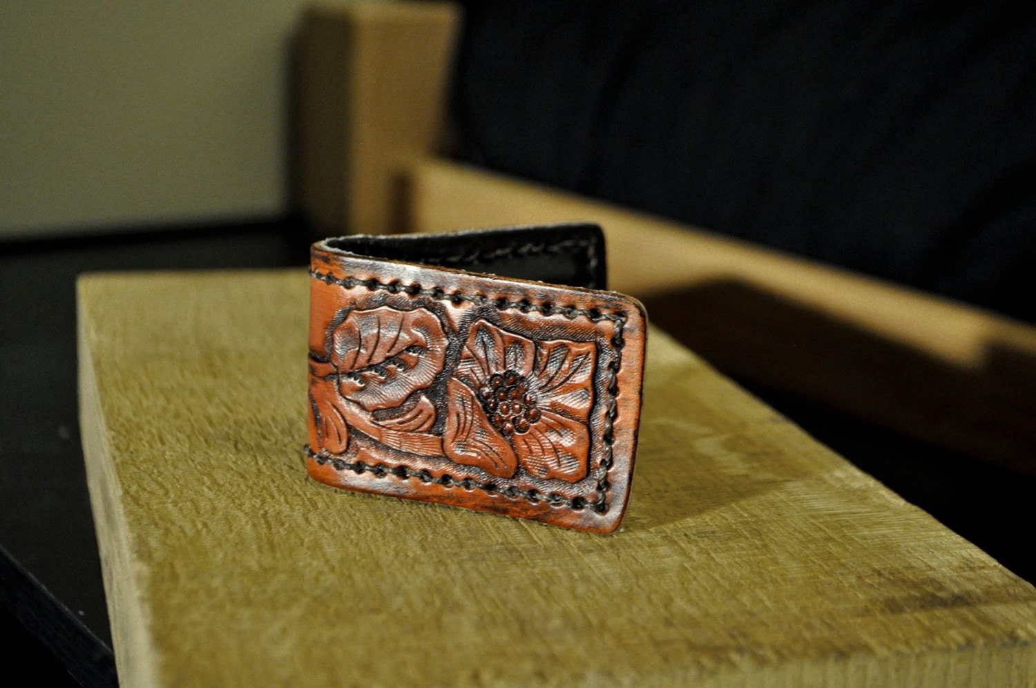 Western Flowers Handmade Tooled Leather Money Clip Business Card Holder